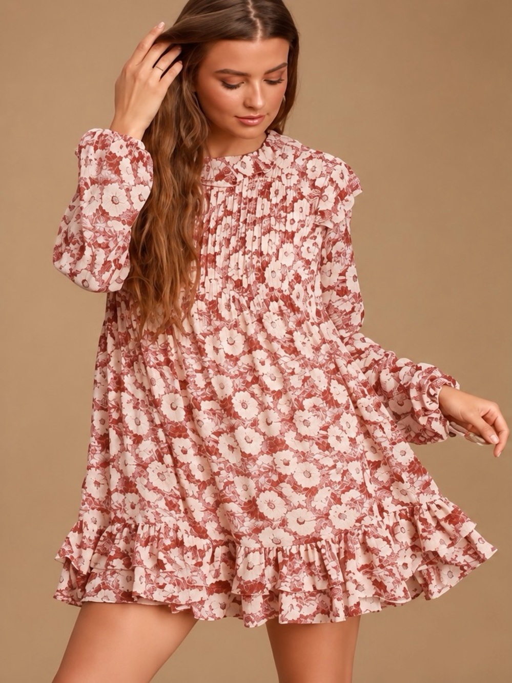 Free People Dusty Rose Floral Ruffle Mini Dress